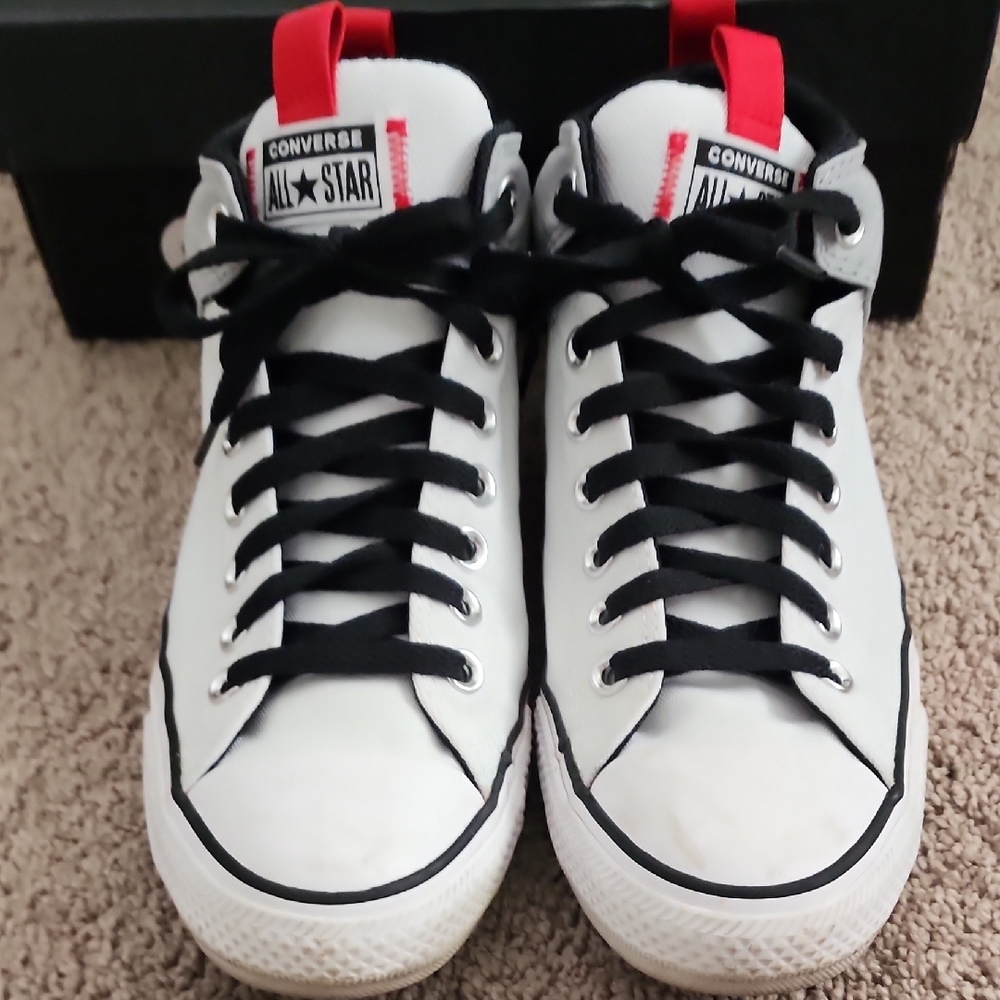 Converse Men's High Top Sneakers White Gray with Black and Red Accents - Picture 9 of 10